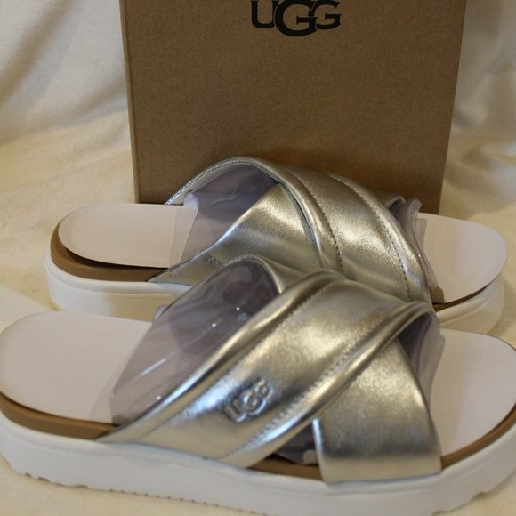NIB UGG‎ WOMEN'S ZAYNE LEATHER WEDGE SANDALS SILVER - Picture 1 of 7